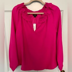 J. Crew NWT Fuschia Split-Neck Ruffle Collar Blouse Size L